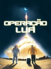 Duas figuras,um astronauta e um homem com mala,observam um foguete decolar sob a lua em um céu noturno.