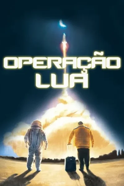 Duas figuras, um astronauta e um homem com mala, observam um foguete decolar sob a lua em um céu noturno.