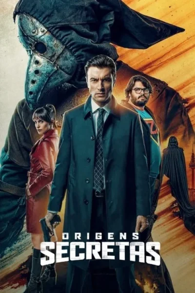 Pôster: Três personagens - um detetive, mulher com arma, homem de óculos - à frente de figuras sombrias (uma com máscara de bico) e fundo explosivo.