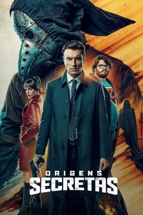 Origens Secretas 1 Pôster:Três personagens - um detetive,mulher com arma,homem de óculos - à frente de figuras sombrias (uma com máscara de bico) e fundo explosivo.