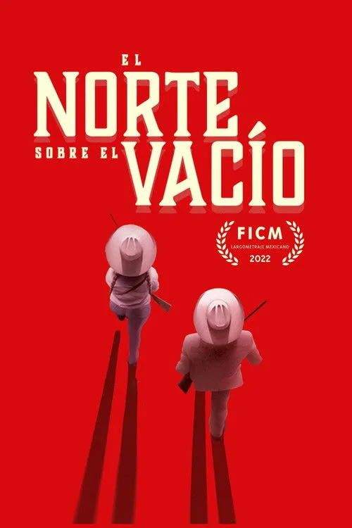 Os Céus do Norte sobre o Vazio 1 Pôster vermelho intenso. Dois caubóis com chapéus e rifles caminham,vistos de cima,projetando longas sombras. Clima tenso e minimalista.
