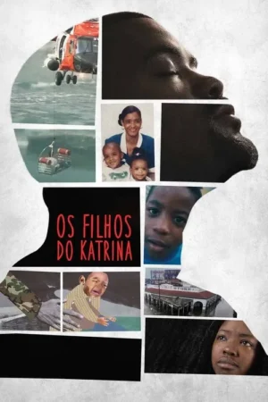 Pôster: Silhueta de cabeça com colagem de imagens de resgate, enchentes, família, crianças e mulher chorando. Transmite drama e resiliência.