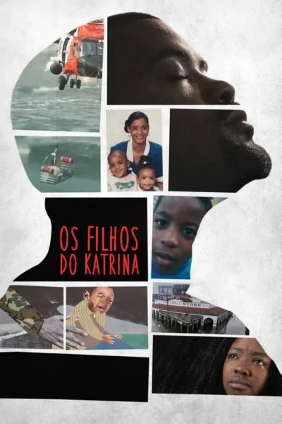 Pôster: Silhueta de cabeça com colagem de imagens de resgate, enchentes, família, crianças e mulher chorando. Transmite drama e resiliência.