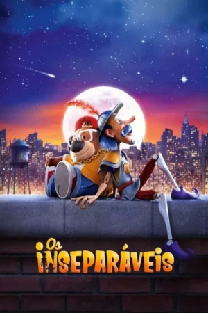 Pôster animado: um cachorro de boné e um boneco de nariz comprido sentados em um telhado, com cidade à noite e lua cheia.