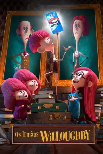 Quatro crianças de cabelo rosa/vermelho, um gato azul e adultos tristes em quadros. Um menino levanta um folheto de viagem em um quarto com pilhas de livros e malas.