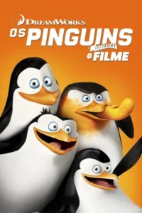 Quatro pinguins animados com olhos grandes e bicos laranja. Três sorriem alegremente,um com expressão divertida. Fundo laranja vibrante.