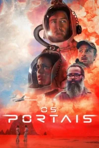 Pôster sci-fi. Quatro rostos:dois astronautas,dois homens. Fundo de nebulosa avermelhada com jatos e duas figuras em solo árido. Clima tenso.