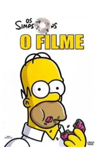 Pôster branco. Homem animado amarelo,de olhos grandes,come um donut rosa de forma desajeitada. Um donut também decora o título. Cômico.