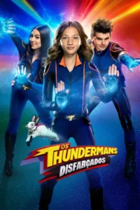 Três jovens heróis em uniformes azuis com poderes nas mãos, um coelho com capa, contra um fundo colorido e vibrante.