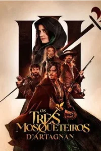Pôster:Mulher séria e homens com espadas em trajes de época. Fundo claro com letra H escura. Aventura,drama e combate.