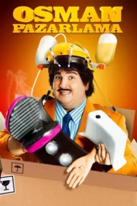 Homem sorridente com bigode e capacete cheio de gadgets,segura um grill e um objeto branco,emergindo de uma caixa. Pôster cômico.