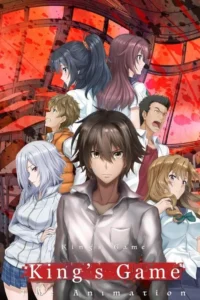 Sete personagens de anime,incluindo um rapaz sério. Fundo vermelho com respingos de sangue,móveis de sala de aula e rostos assustados. Clima tenso e sinistro.