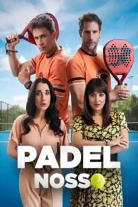 Quatro personagens em quadra de padel. Dois homens com raquetes e camisas laranja. Duas mulheres, uma surpresa, outra confiante. Clima esportivo.