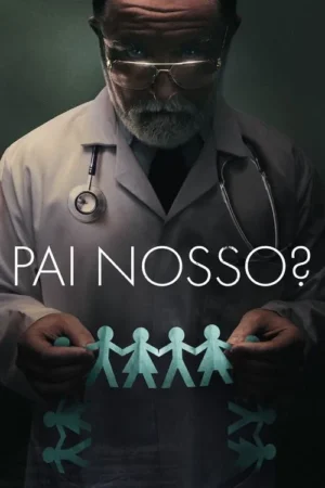 Pôster: médico barbudo de olhos azuis brilhantes, segurando uma corrente de bonecos de papel. Um deles está se partindo. Clima sombrio.