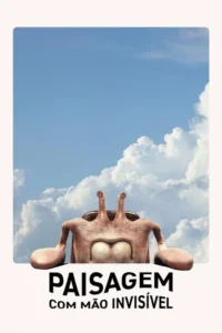 Póster:Criatura marrom e bizarra com olhos em hastes emerge,olhando para um céu azul claro com nuvens brancas. Atmosfera lúdica e surreal.