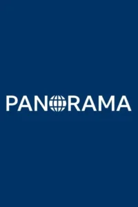 Logo branco PANORAMA em fundo azul escuro,com um globo estilizado substituindo a letra O.