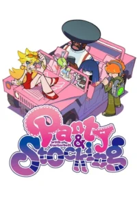Pôster colorido:Loira sensual,afro ao volante,garota com bolo e menino com mochila em carro rosa. Estilo animado vibrante.
