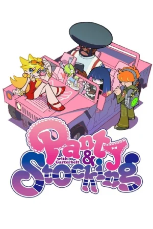 Pôster colorido: Loira sensual, afro ao volante, garota com bolo e menino com mochila em carro rosa. Estilo animado vibrante.