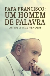 Pôster:homem mais velho de branco com crucifixo,olhando pensativo para baixo com a mão no queixo,contra céu etéreo.