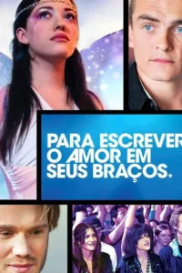 Pôster dividido:mulher etérea com asas,2 homens,e cena de show. Clima de drama,romance e fantasia.