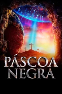 Abertura rochosa escura revela céu vibrante com três cruzes em colina. Acima, estrutura azul futurista irradia luz.