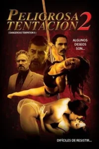 Duas mulheres em pole dance em poses sensuais,e três homens com expressões sérias. Clima de suspense,sedução e perigo.