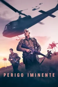 Pôster de guerra:soldados armados em meio a palmeiras,com helicópteros militares sobrevoando um céu avermelhado.