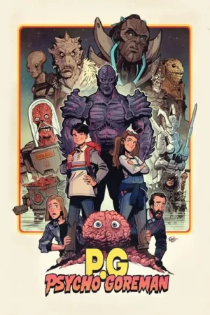 Pôster colorido de horror sci-fi com um monstro roxo gigante, crianças assustadas e muitos alienígenas. Um cérebro com tentáculos na frente.