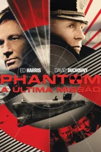 Pôster de suspense militar: dois homens sérios, um fardado, junto a um submarino, cercados por gráficos de radar e padrões vermelhos e pretos.