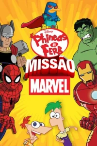 Pôster animado:Patuá super-herói,4 heróis clássicos e 2 crianças em fundo amarelo vibrante. Clima de aventura e crossover divertido.