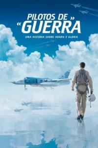 Um piloto de costas caminha em direção a um jato militar. Céu azul com nuvens brancas, vários jatos voando e refletidos abaixo. Ação aérea e honra.