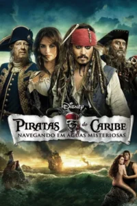 Pôster de aventura. Um pirata com bandana vermelha central,uma mulher e outros dois piratas. Abaixo,navio em mar tempestuoso e sereias em rochas.