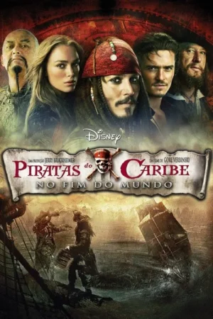 Pôster épico: Cinco personagens. Capitão de bandana, mulher séria. Abaixo, navio afundando em mar agitado, batalha feroz. Clima sombrio.
