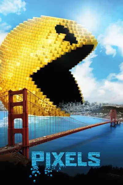 Um Pac-Man gigante e pixelado sobrevoa a Ponte Golden Gate e San Francisco, com céu azul. Atmosfera surreal.