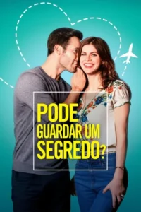 Um homem sussurra no ouvido de uma mulher que sorri,contra um fundo turquesa. Desenhos de coração e avião sugerem romance e viagem.