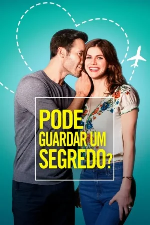 Um homem sussurra no ouvido de uma mulher que sorri, contra um fundo turquesa. Desenhos de coração e avião sugerem romance e viagem.