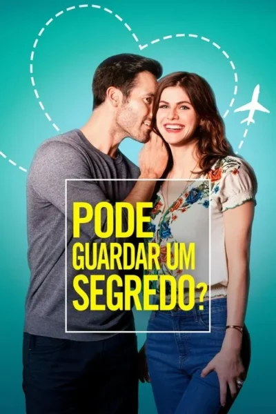 Um homem sussurra no ouvido de uma mulher que sorri, contra um fundo turquesa. Desenhos de coração e avião sugerem romance e viagem.
