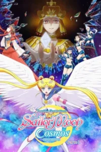 Pôster anime:Guerreira loira com asas e uniforme,frente a figura dourada majestosa. Outras guerreiras entre fragmentos em um cenário cósmico épico.