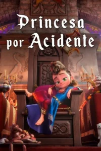 Pôster animado: Menina com moicano e sorriso maroto sentada folgadamente em um trono de castelo. Cenário de fantasia opulento.