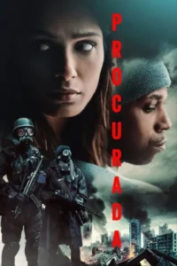 Pôster com mulher séria,homem de perfil,dois soldados mascarados e uma cidade destruída ao fundo. Atmosfera sombria e de suspense.