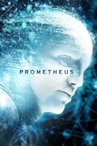 Busto pálido de androide em perfil,desintegrando-se em partículas no fundo azul escuro com redes luminosas. Clima futurista e misterioso.