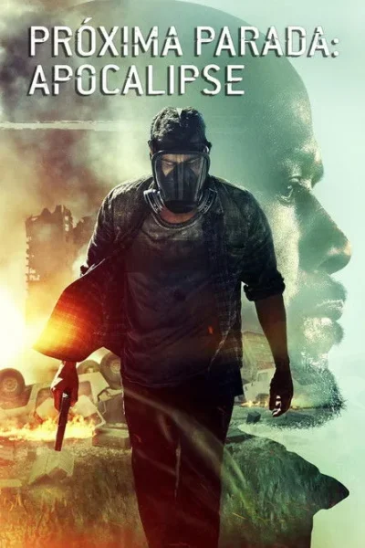 Homem com máscara de gás e arma caminha por cenário apocalíptico de destruição e fogo. Rosto de outro homem em sobreposição. Clima tenso.