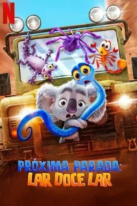 Pôster animado. Um coala apavorado agarra uma criatura azul. Acima,um jipe com lagarto roxo,aranha e caranguejo no deserto.