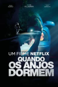 Pôster sombrio. Homem pensativo em primeiro plano. Ao fundo,uma pessoa corre por estrada noturna enquanto um carro se aproxima. Clima tenso.