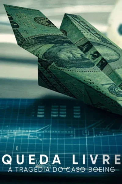 Avião de papel feito de notas de dólar em queda. Fundo azul com esquemas técnicos de engenharia. Tom grave e financeiro.