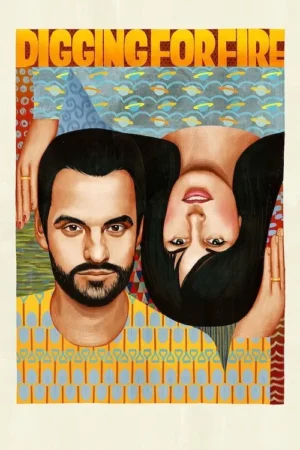 Pôster ilustrado: Homem barbudo e mulher de cabeça para baixo, ambos olham o espectador. Cenário vibrante e abstrato, cheio de padrões. Clima peculiar.