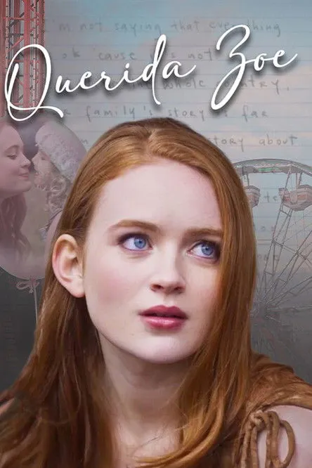 Querida Zoe 1 Ruiva de olhos azuis com expressão pensativa. Ao fundo,casal se abraça,roda-gigante e texto manuscrito. Clima jovem e introspectivo.