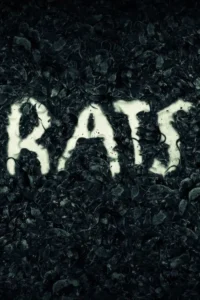 Letras brancas e brilhantes formam a palavra RATS em um fundo escuro e denso de incontáveis ratos. Atmosfera sombria e de terror.