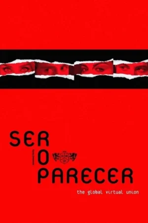 Pôster vermelho. Faixa preta central rasgada revela quatro pares de olhos em tons avermelhados, com um olhar intenso. Clima misterioso e dramático.