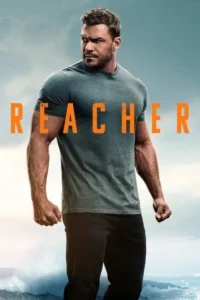 Homem musculoso de barba e camiseta cinza, com punho cerrado e olhar sério. Fundo de montanhas sob um céu dramático.
